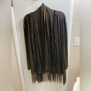 Tea Party rayon spandex fringed asymmetrical open front cardigan size large.